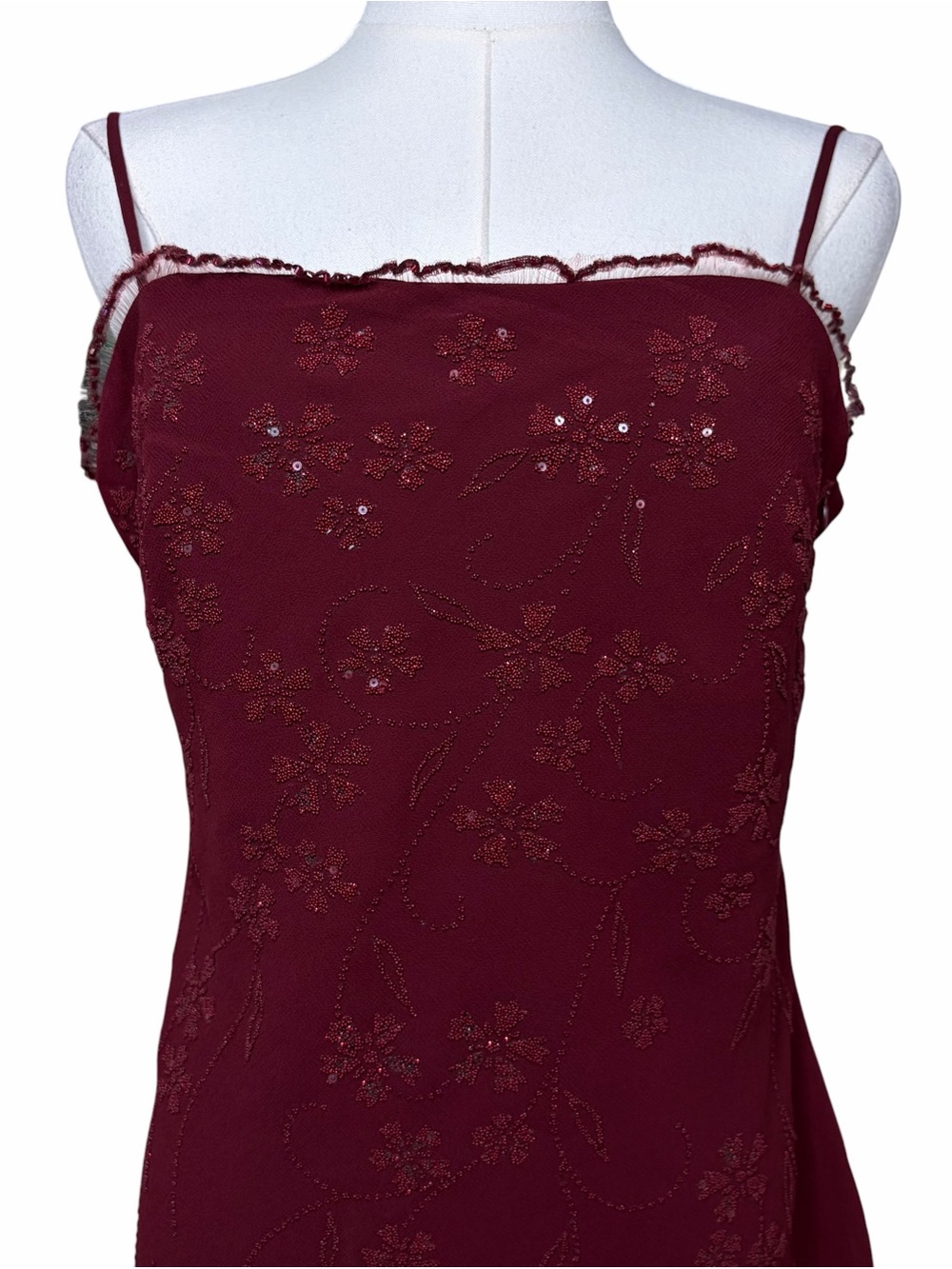 Vintage Y2K Burgundy Floral Beaded Lace Trim Strappy Maxi Dress Asymmetrical Hem - Picture 3 of 8